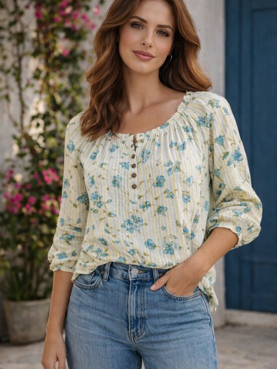 beachlunchlounge Tops - Beach Lunch Lounge Floral Stripe Cotton Peasant Blouse